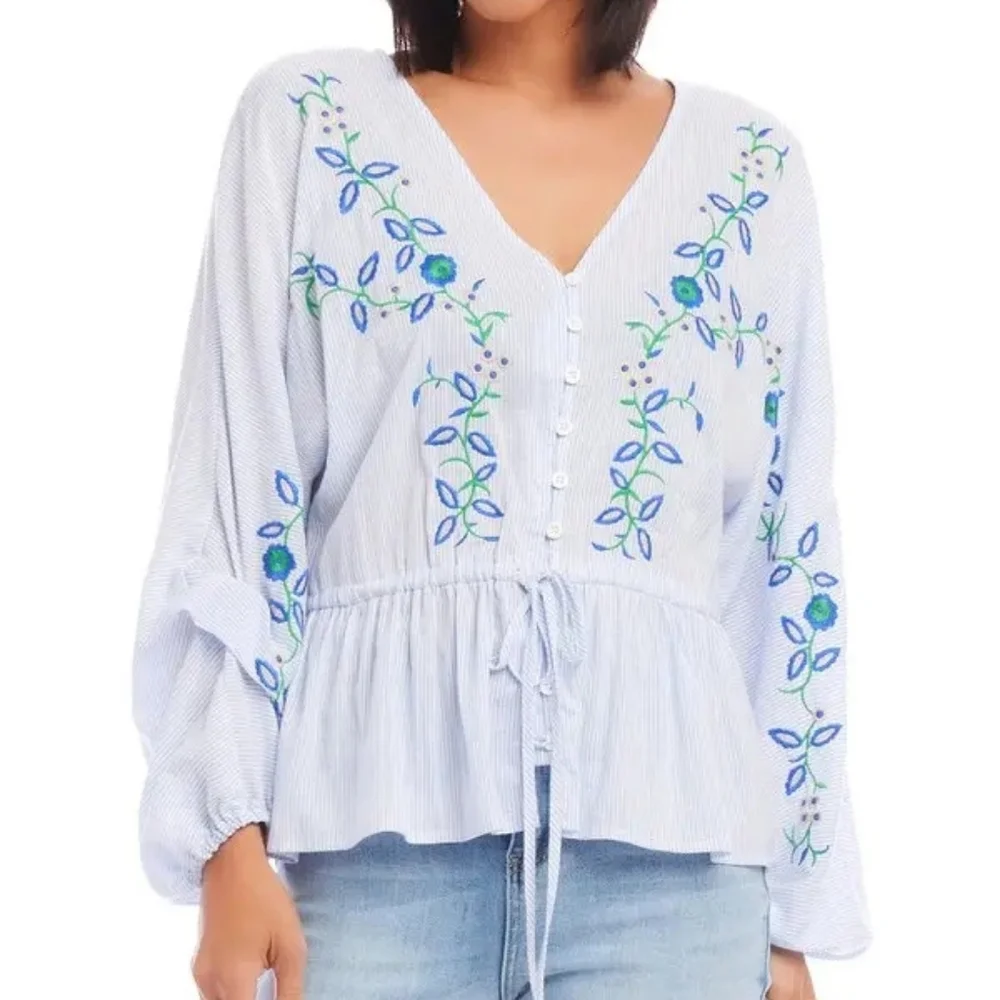 Karen Kane Embroidered Drawstring Top V-Neck Blouson Sleeve Top
